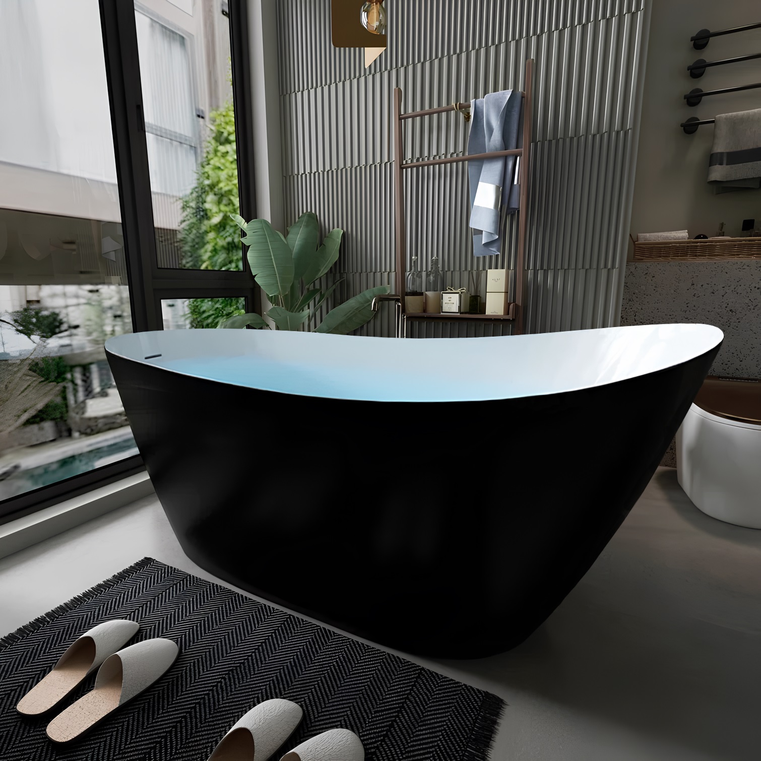 Ванна GLORIA170GMB акриловая (1700x750x720) отдельностоящая, черная матовая снаружи, белая внутри со сливом-переливом Ceruttispa