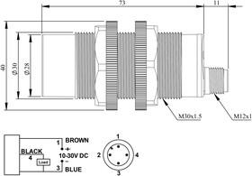 Датчик емкостный (PNP-НЗ) разъем M12х3 (расс. сраб. 3-15мм) выступающий пластик 10-30В DC IP65 EMAS SCM30NP1RSX