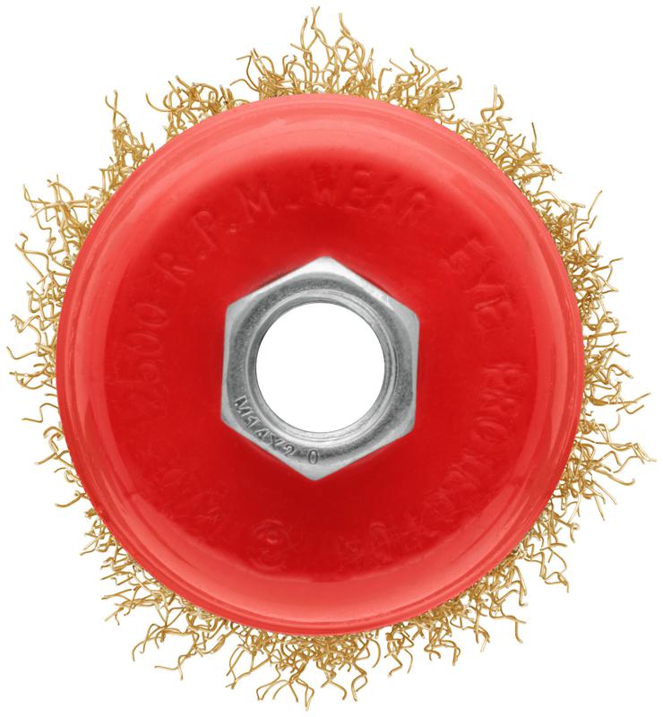 Корщетка-чашка гайка М14 стальная латунированная волнистая проволока 65мм блистер КУРС 39091