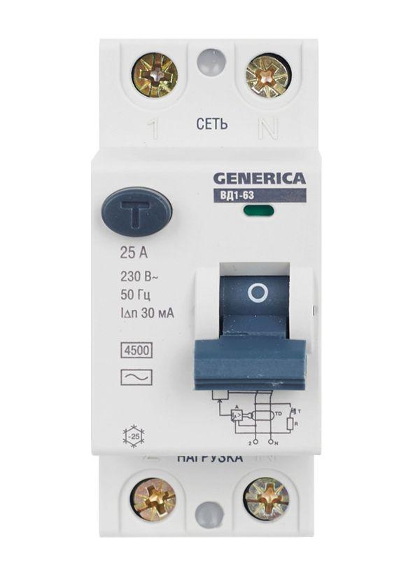 Выключатель дифференциального тока (УЗО) 2п 25А 30мА тип AC ВД1-63 GENERICA MDV15-2-025-030