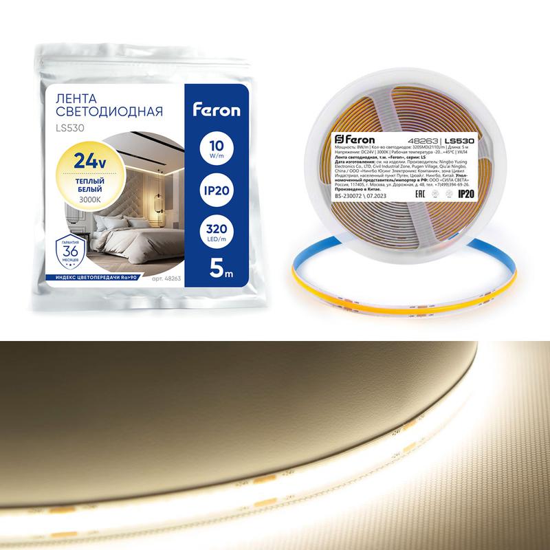 Лента светодиодная 320SMD(2110) 10Вт/м 24В 5000х8х1.8мм IP20 3000К LS530 (уп.5м) FERON 48263
