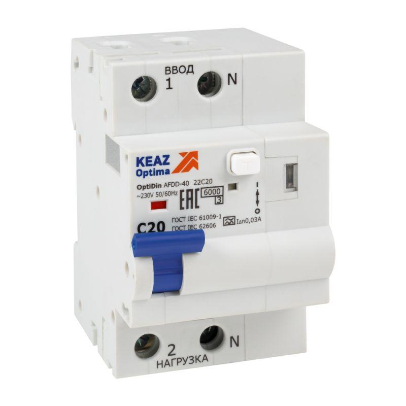 Устройство защиты от дугового пробоя с АВДТ и защ. от пов. напряж. OptiDin AFDD-40-22C20-A-У3 (2P C20 30mA Uоткл 275В) КЭАЗ 339088