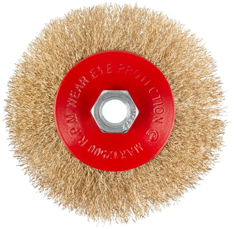 Корщетка-колесо с наклоном гайка М14 стальная латунированная волнистая проволока 115мм блистер КУРС 39084