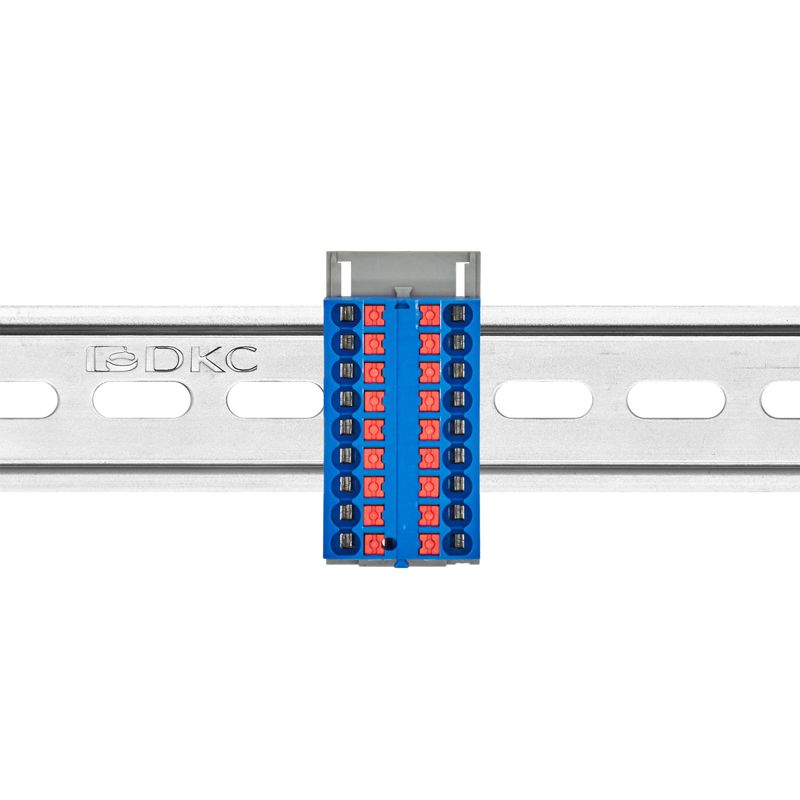 Блок распределительный с вертикал. адаптером на рейки шир. 15/35мм зажим push-in 18 точек подключения 2.5кв.мм син. DKC DTP1-018-04SPUB-V