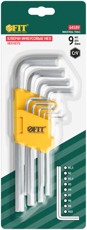 Ключ шестигранный 1.5-10мм длинный в пластик. держателе CrV сталь (уп.9шт) FIT 64189