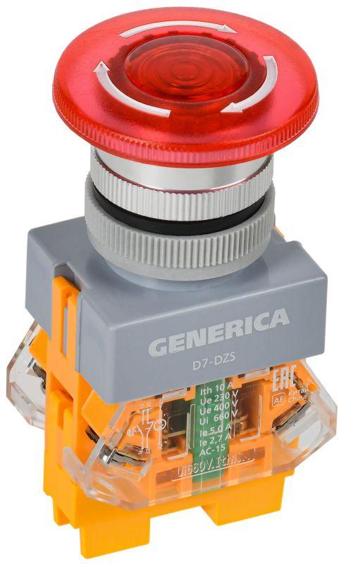 Кнопка D7-DZS "Грибок" d22мм 1НО+1НЗ поворотн. с подсветкой и фиксацией красн. GENERICA BBG50-11DZS-3-11-K04-G