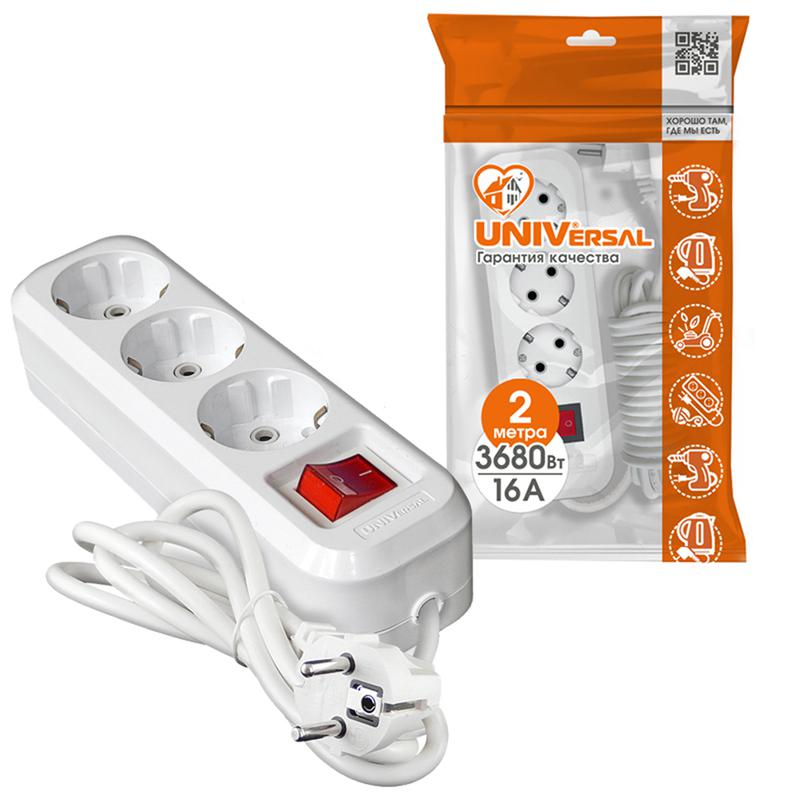 Удлинитель 3х2м с заземл. 16А IP20 S-303 ПВС 3х1 с выкл. UNIVersal 9634418