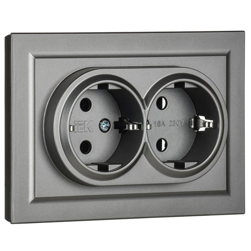 Розетка 2-м СП BRITE РС12-3-БрС 16А в сборе с заземл. без защ. шторок сталь IEK BR-R21-16-K46-F