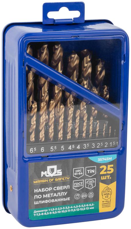 Набор сверл по металлу HSS шлифованные титановое покрытие угол заточки 135град. мет. бокс 25шт (1-13мм через 0.5мм) MOS 35745М