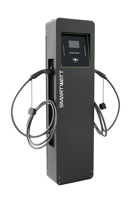 Станция зарядная для электромобилей EVC 44кВт OCPP 1.6J 3ф 380В два поста по 22кВт 32А переменный ток кабели по 5м коннекторы Type2 IP54 коммерческая черн. стойка SmartWatt 4512020470006