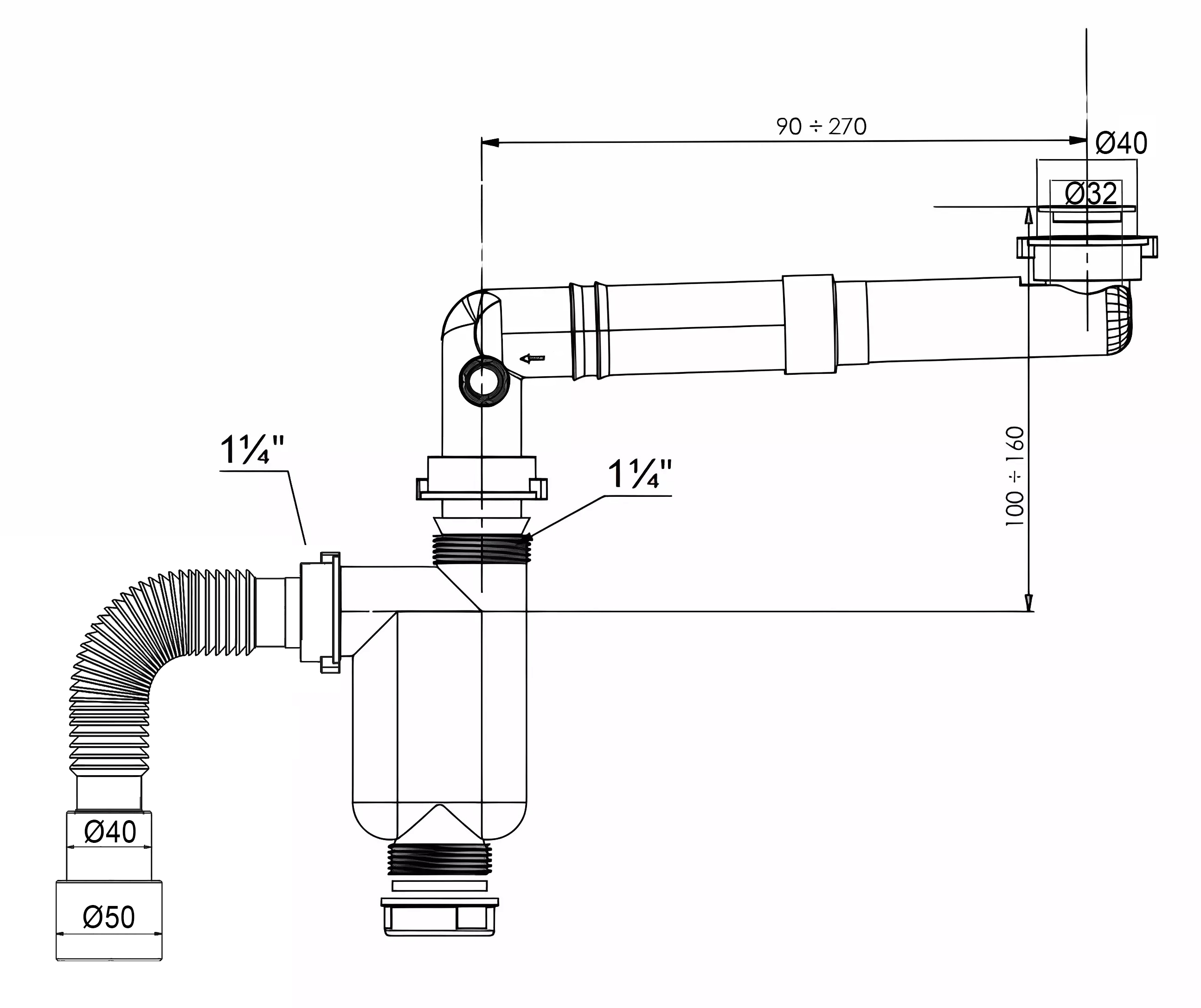 Сифон Bettoserb без выпуска, телескопический, компактный 32мм (диам), 40-40/50