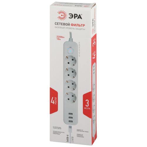 Удлинитель с сетевым фильтром 4х3м с заземл. 10А USF-4es-3m-3xUSBA-W +3xUSBA 3.1A с выкл. с базов. защитой бел. Эра Б0059569