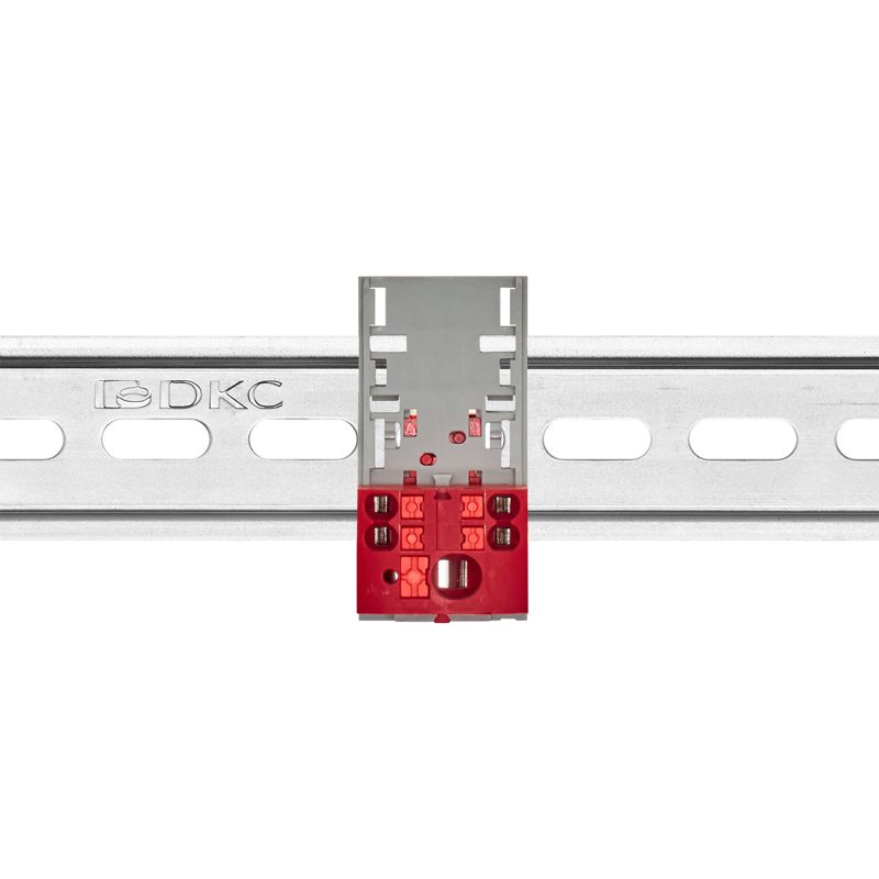 Блок распределительный с вертикал. адаптером на рейки шир. 15/35мм зажим push-in 1 ввод 6кв.мм 4 точки подключения 2.5кв.мм красн. DKC DTP1-104-104SPUR-V