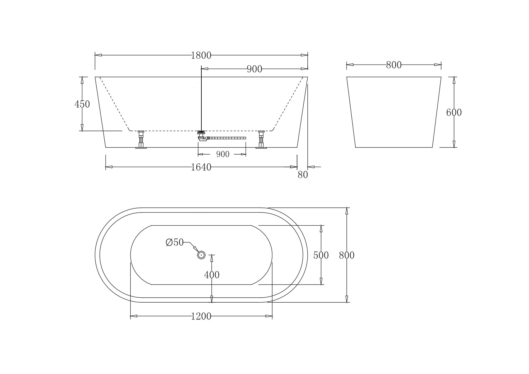 Акриловая ванна без перелива BELBAGNO BB71-1800-W0, 1800x800x600