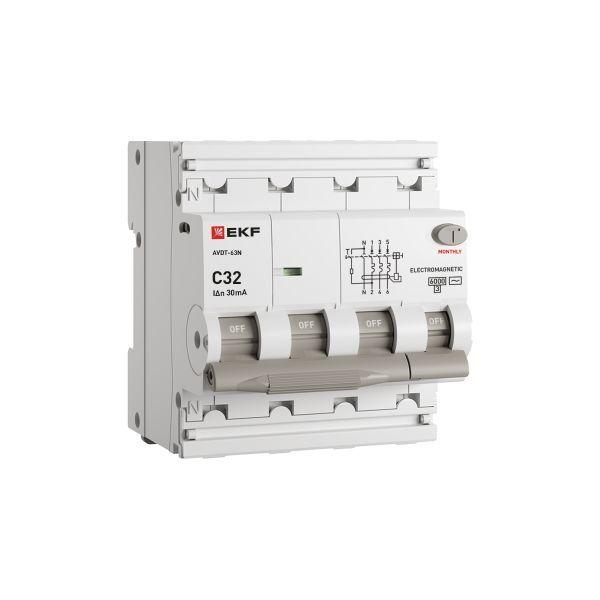 Выключатель автоматический дифференциального тока 4п (3P+N) C 32А 30мА тип AC 6кА АВДТ-63N электромеханич. PROxima EKF D63N46M32C30