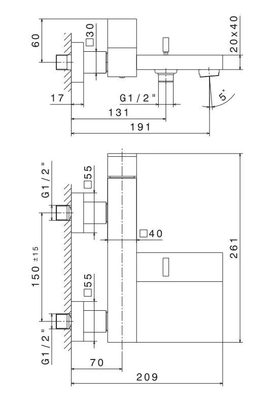 Смеситель для ванны FUTURA настенный  дивертором ванна/душ, без лейки, матовый черный