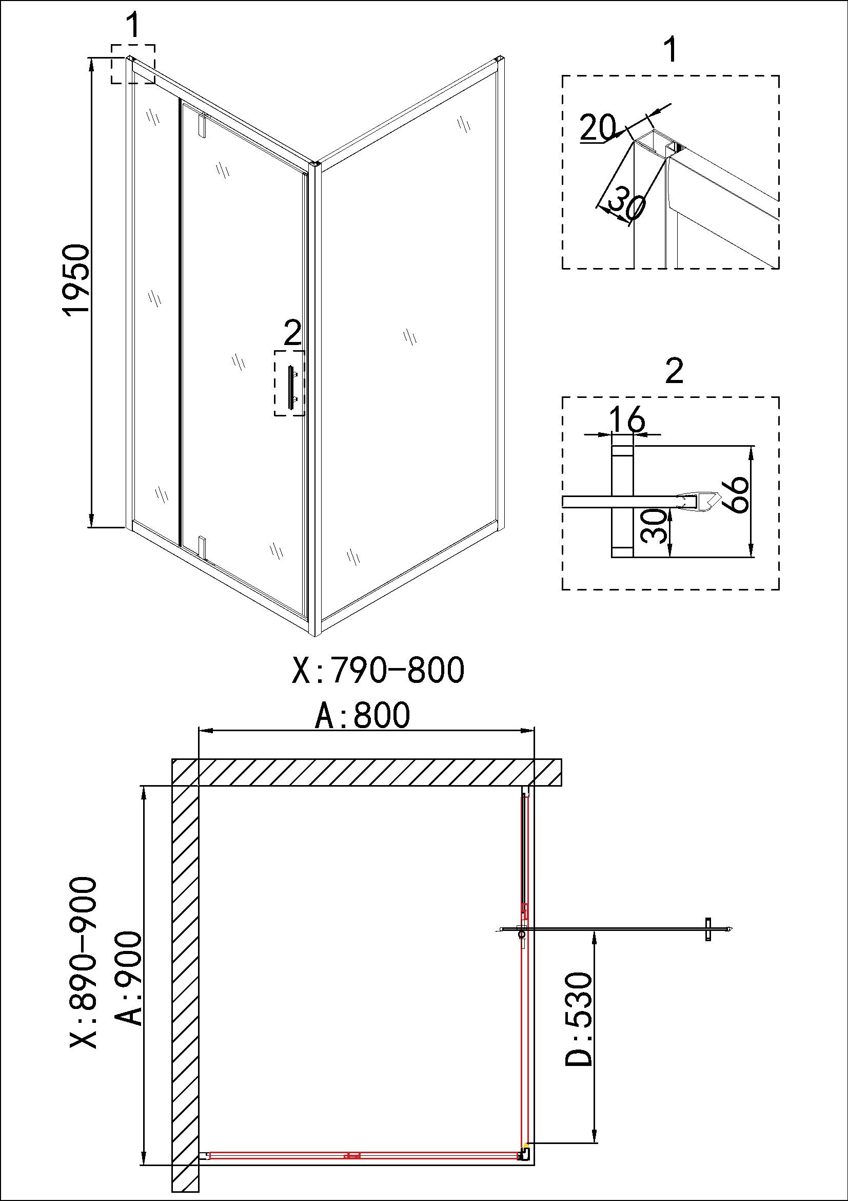 Душевое ограждение NG-43-9AG-A80G (90*80*195) прямоугольник, дверь распашная