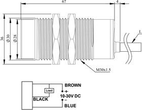 Датчик индуктивный (NPN-НО) кабель 2мх3 (расс. сраб. 15мм 200Гц) выступающий 10-30В DC IP67 EMAS SIM30NM1NC2