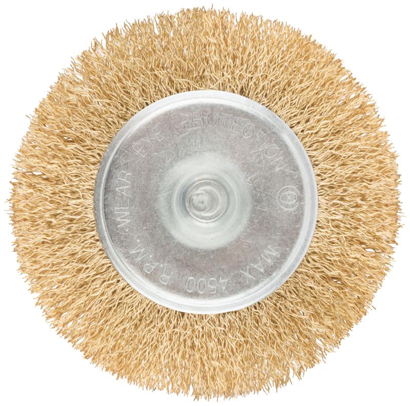 Корщетка тип "колесо" со штифтом стальная латунированная волнистая проволока 100мм MOS 38485М
