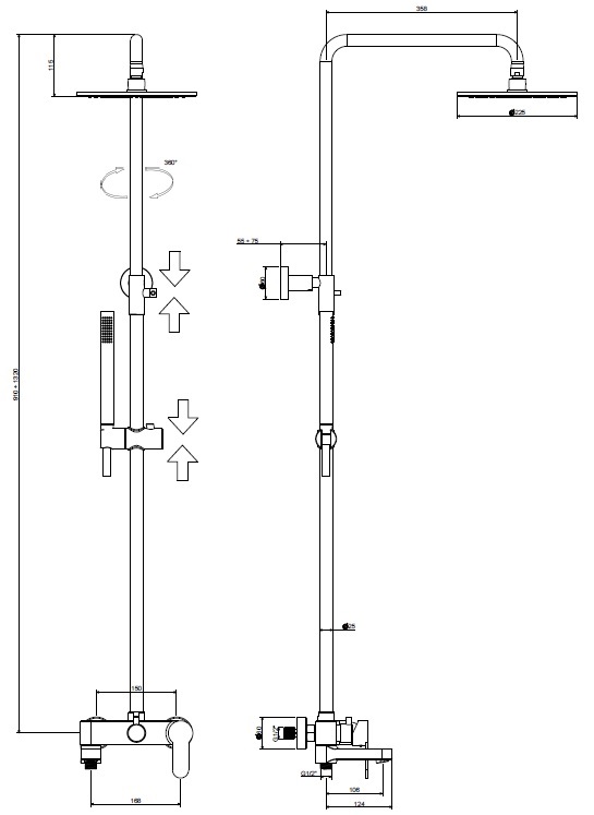 Колонна для душа телескопич. Blu излив-дивертор, чёрный матовый Paffoni