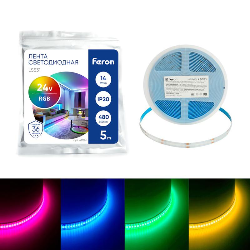 Лента светодиодная 480SMD(2110)/ 14Вт/м 24В 5000х8х1.8мм RGB IP20 LS531 (уп.5м) FERON 48946