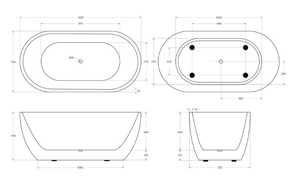 Акриловая ванна без перелива BELBAGNO BB70-1500-W0, 1500x750x570