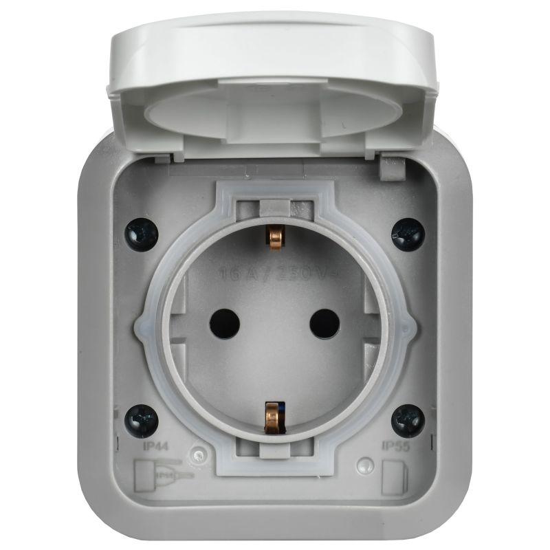 Розетка 1-м ОП TORS TS321 16А IP55 с заземл. защ. шторки с крышкой с иконкой самокат сер./бел. IEK TS-R110-16-55-K41