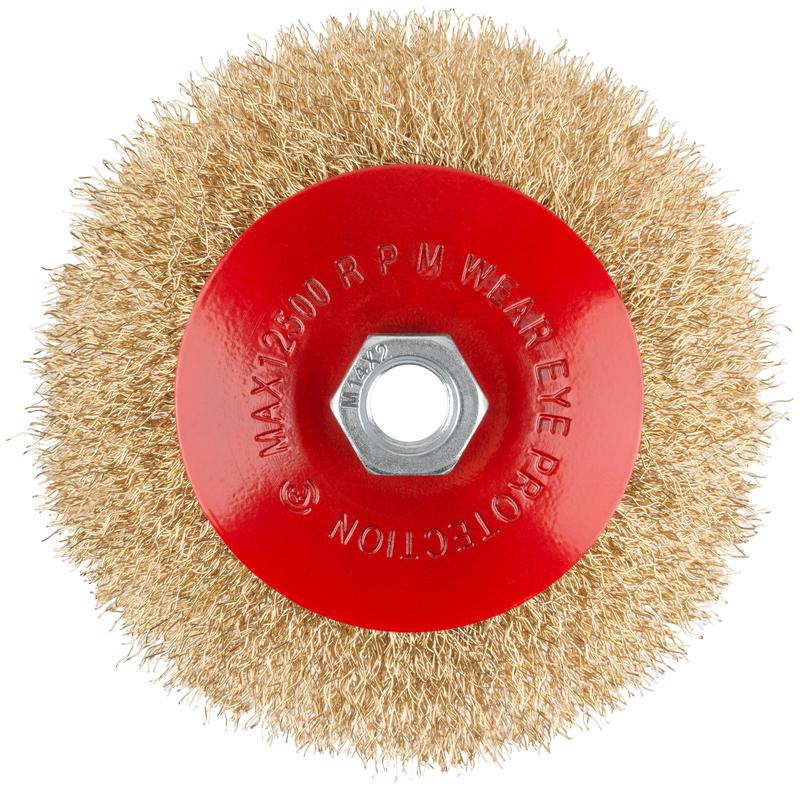 Корщетка-колесо с наклоном гайка М14 стальная латунированная волнистая проволока 125мм блистер КУРС 39085