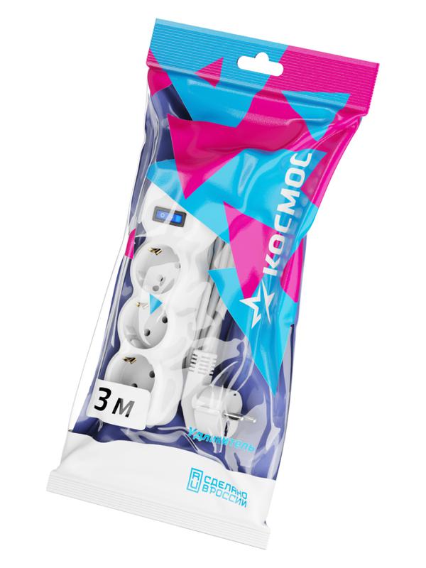 Удлинитель 3х3м с заземл. 10А IP20 ПВС 3х0.75 с выкл. КОСМОС YKsm3m-3g-Z-V(10A)P