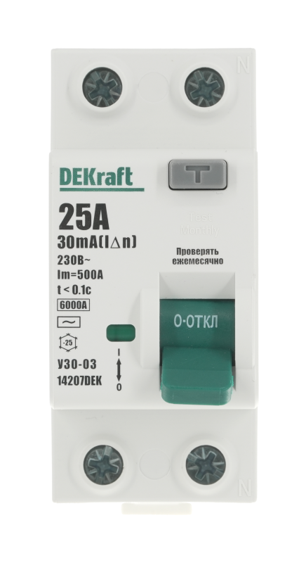 Выключатель дифференциального тока (УЗО) 2п 25А 30мА тип AC 6кА УЗО-03 DEKraft 14207DEK