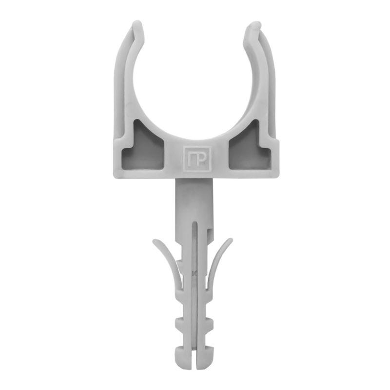 Держатель для труб (клипса) d25мм с дюбелем сер. (в малой упак.) (уп.10шт) Промрукав PR13.0317