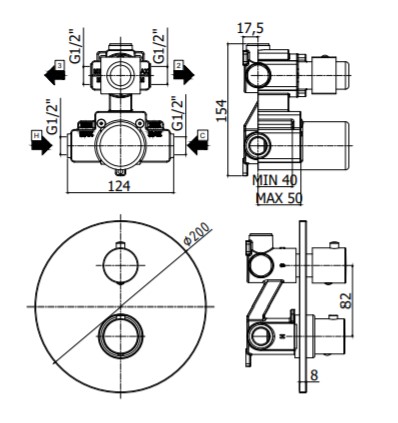 Смеситель термостат встраиваемый для душа 2 выход Paffoni LIGHT LIQ018HG встраиваемый Золото медовое