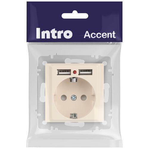 Розетка 1-м СП Accent 6-410-02 16А IP20 250В P+E Schuko + 2хUSB защ. шторки сл. кость Intro Б0063692