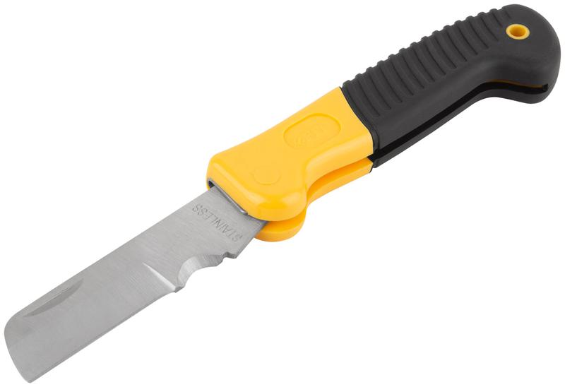 Нож электрика складной нержавеющий профи прямое лезвие 80мм прорезиненная ручка FIT 10526