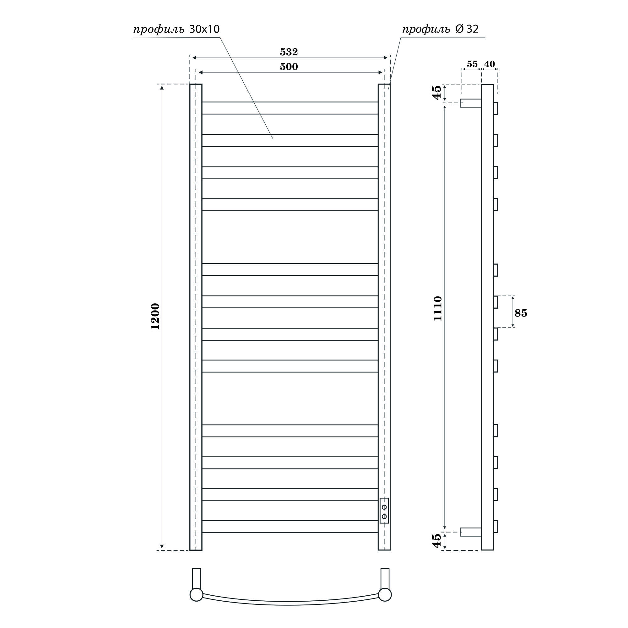 Полотенцесушитель электрический Point Антея PN17852B П12 500x1200, диммер справа, черный