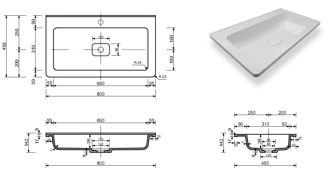 Тумба подвесная "Каре 80" (2 ящ.) Люкс белая, PLUS