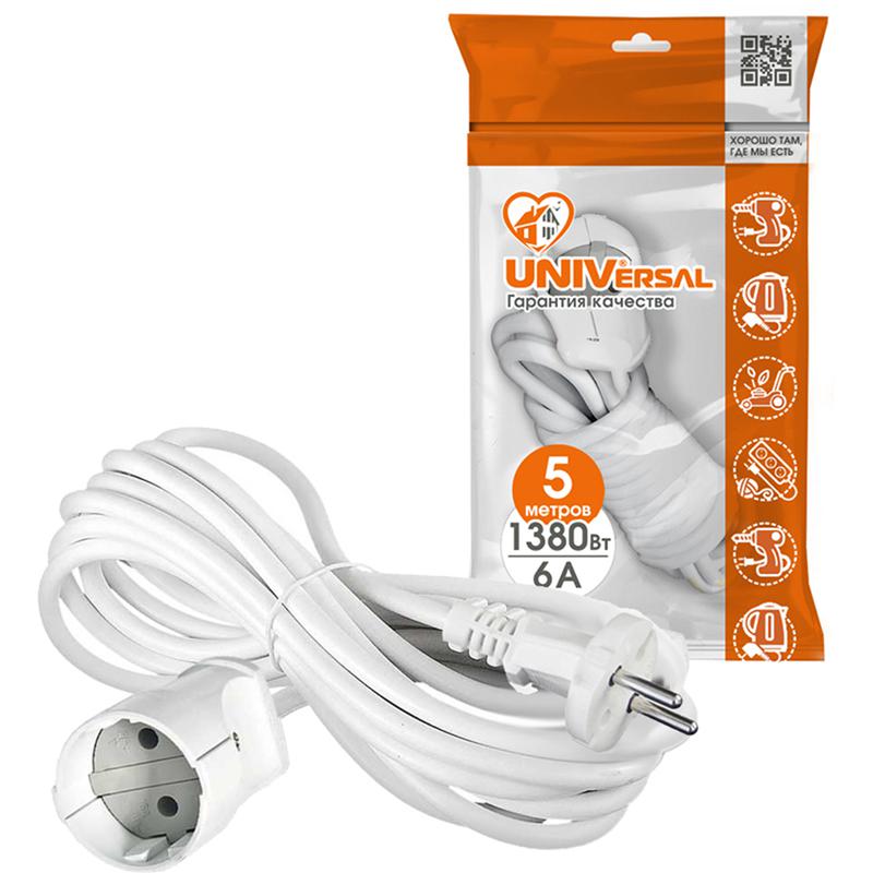 Удлинитель-шнур 1х5м без заземл. 6А IP44 УШ-6 ПВС 2х0.75 UNIVersal 5568953