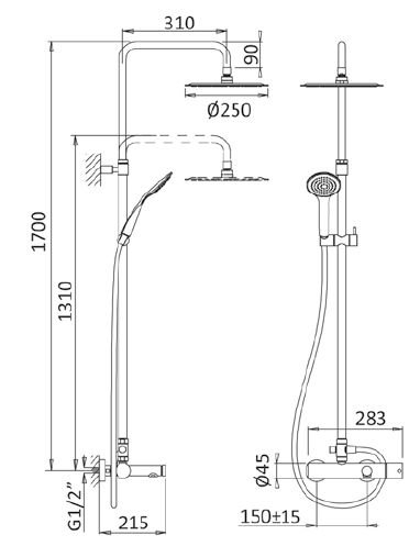 Душевая колонна со смесителем для ванны, верхним и ручным душем CEZARES CZR-B-CVD-SR