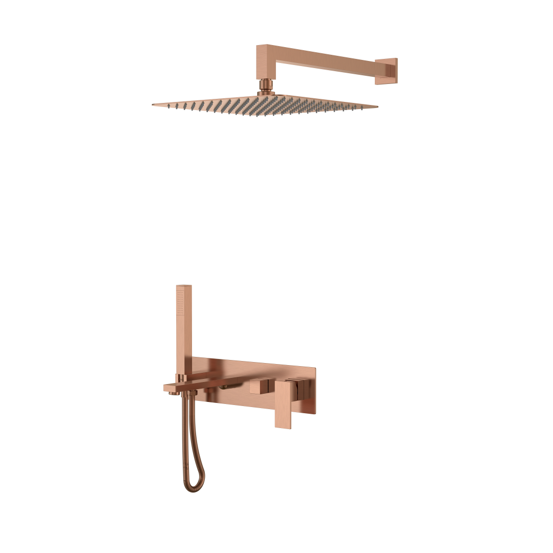 Смеситель встроенный + верхний+ ручной душ Qubic Copper Brushed с изливом