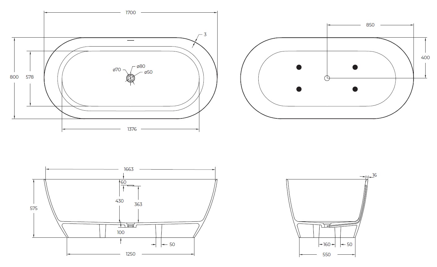 Ванна из искусственного камня Solid Surface CEZARES CZR-RELAX-170-80-57-SSB