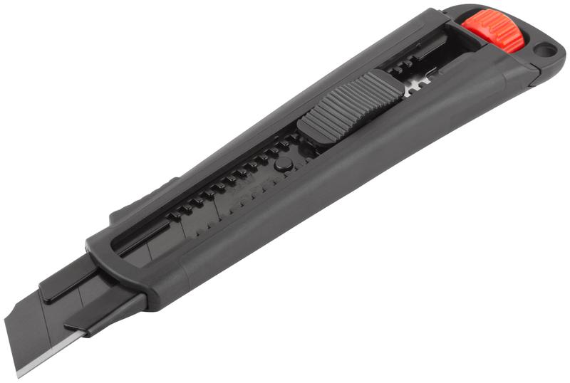 Нож технический 25мм усиленный прорезиненный дополнит. пластиковый прижим профи черн. FIT 10332