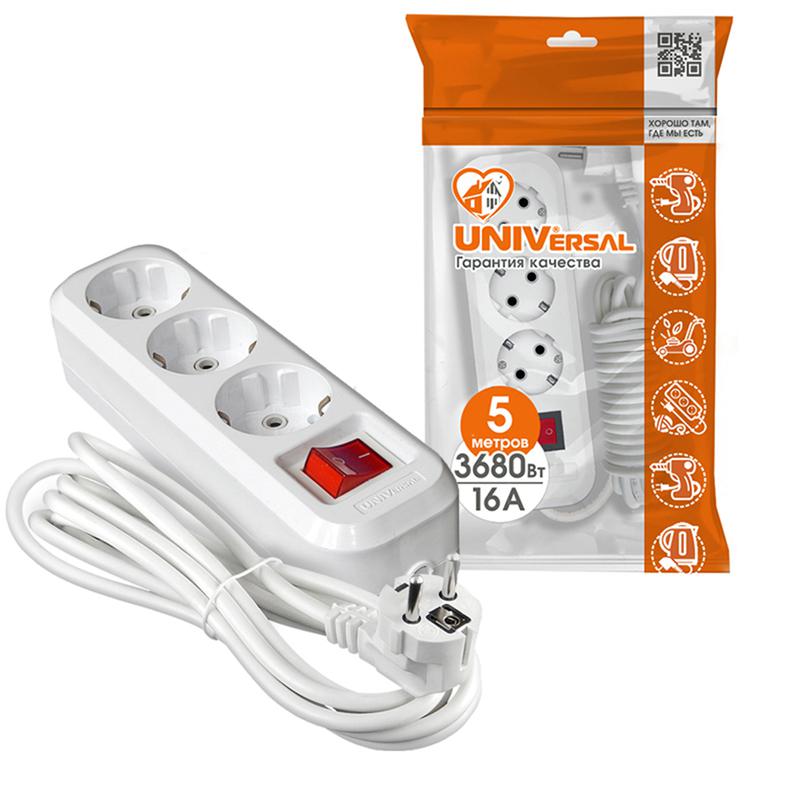Удлинитель 3х5м с заземл. IP20 S-303А ПВС 3х1.5 с выкл.Universal 1727
