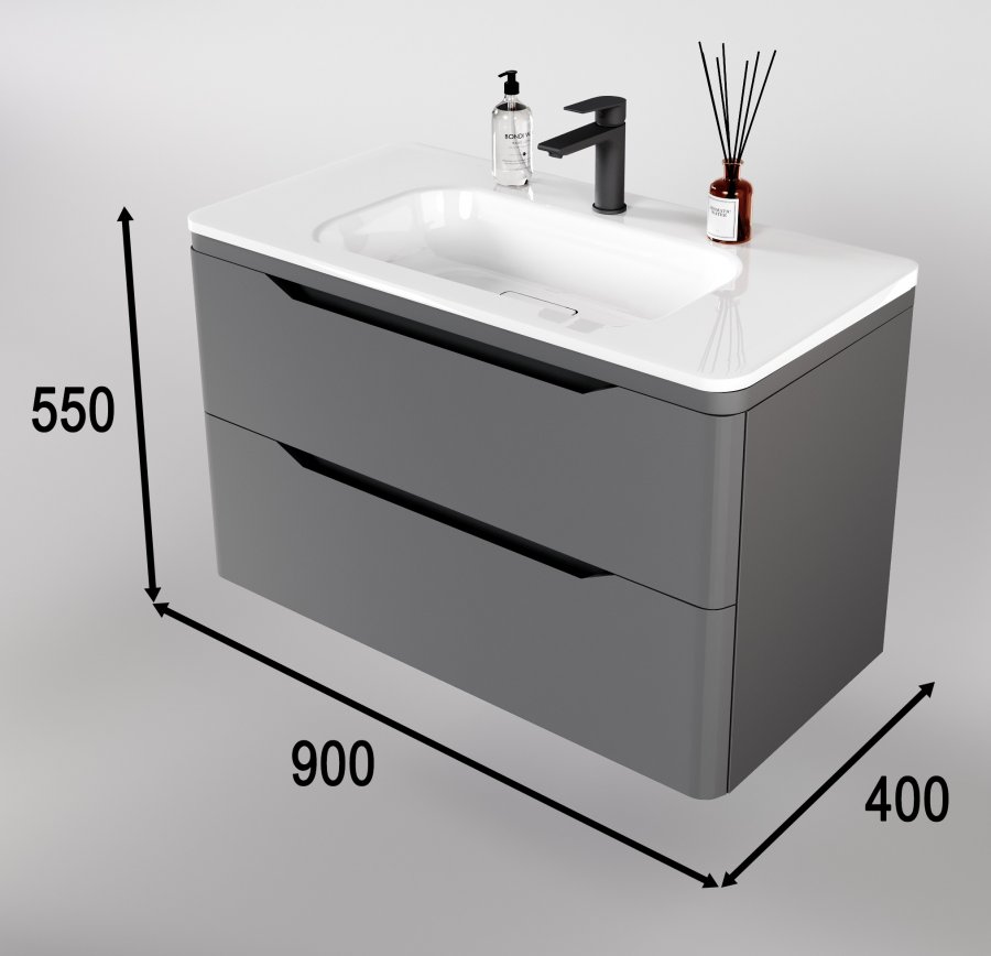 Тумба подвесная "Марелла 90" (2 ящ.) Люкс антискрейтч серый, PLUS