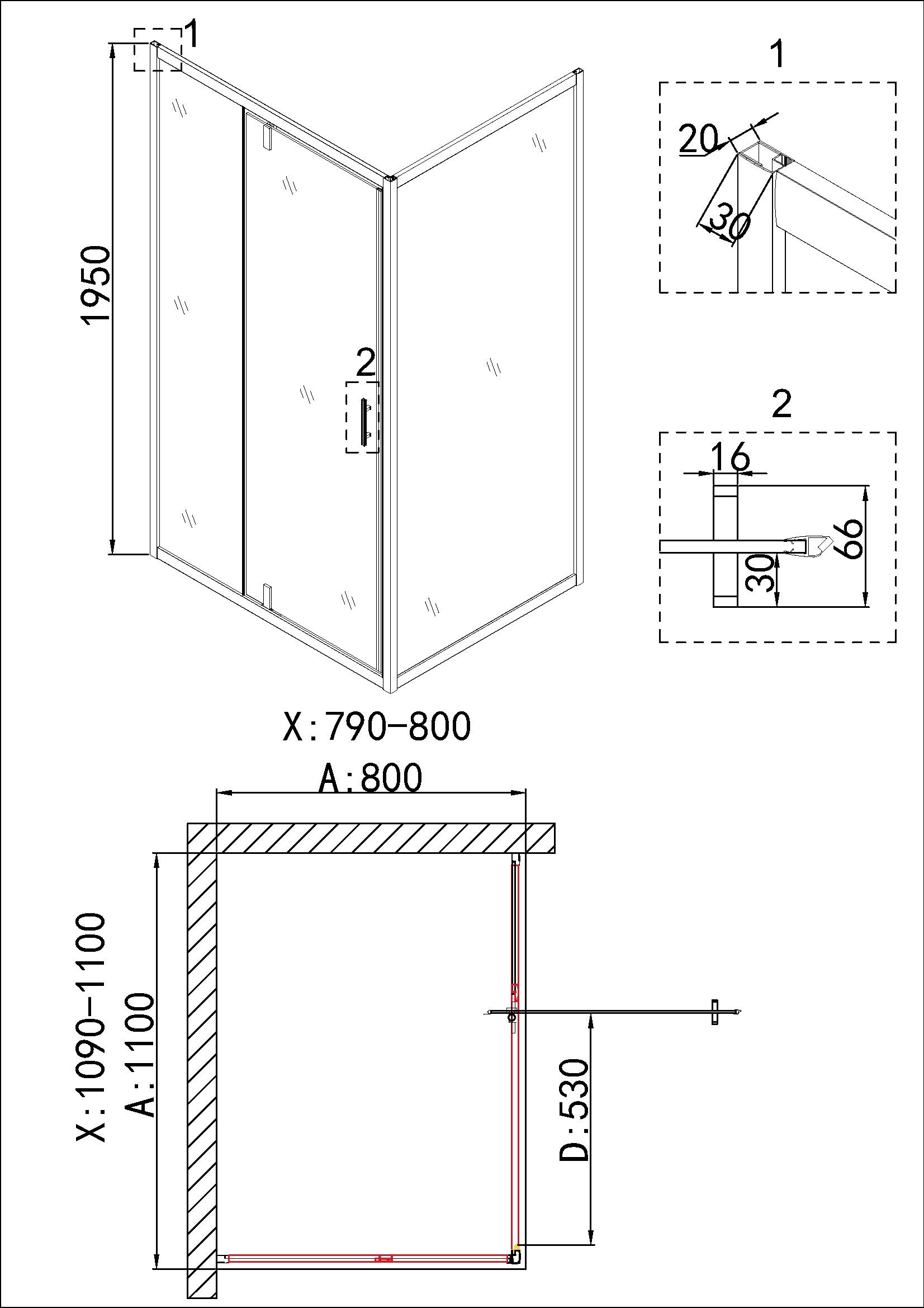 Душевое ограждение NG-43-11AG-A80G (110*80*195) прямоугольник, дверь распашная
