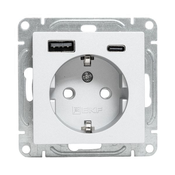 Розетка СП Эпика 16А с 2 USB-A+С с заземл. защ. шторки механизм алюм. EKF UP1-SOA-111-USBA+USBC