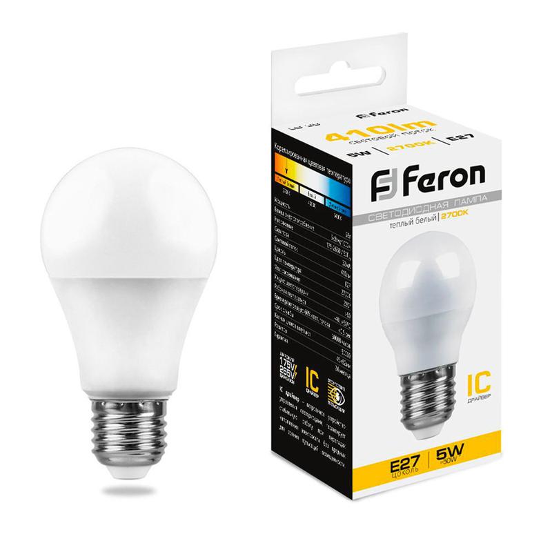 Лампа светодиодная 5Вт 230В E27 2700К G45 LB-38 FERON 25404