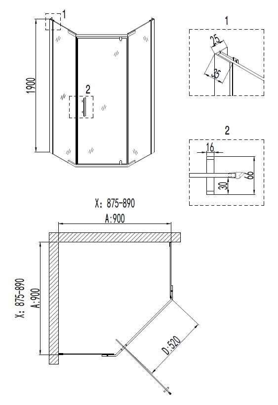 Душевое ограждение NG-6405-08 GOLD (90*90*195) трапеция, дверь распашная