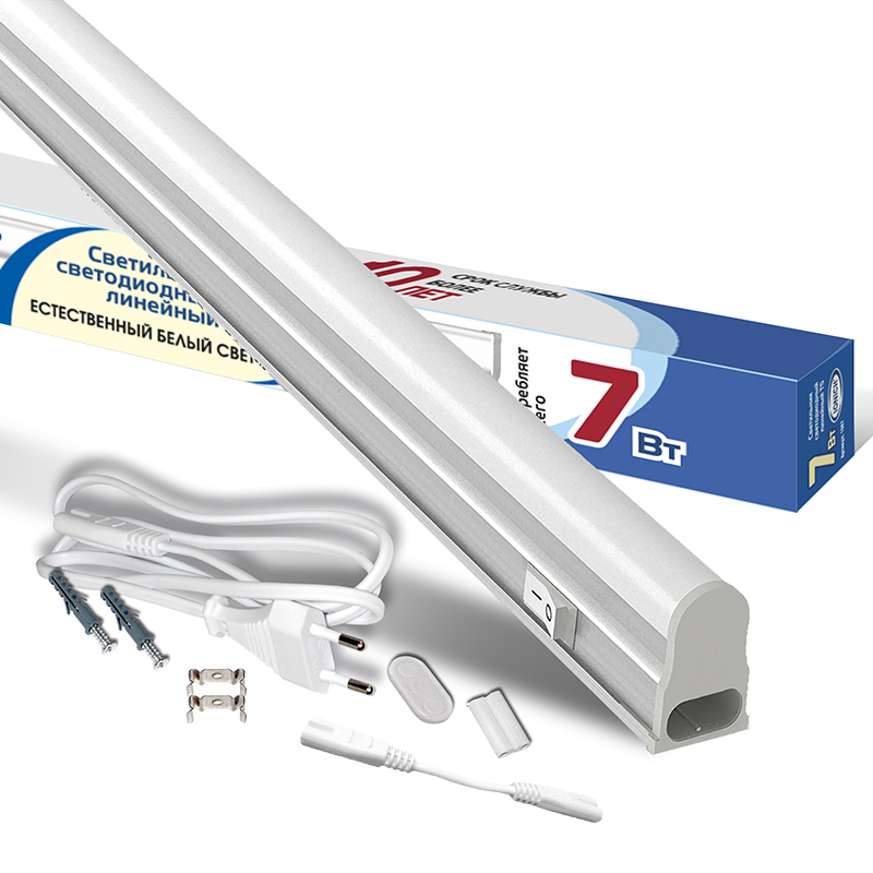 Светильник линейный светодиодный ДПО 7w           4000К,630Лм,пластик, с выключателем и сетевым     шнуром, крепеж в комплекте