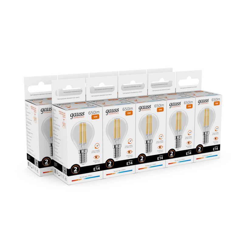 Лампа светодиодная филаментная Filament Elementary 10Вт шар 2700К Е14 650лм GAUSS 52110