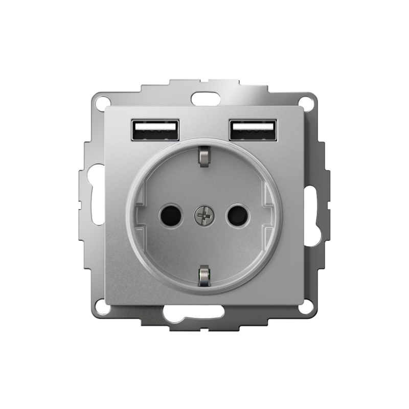 Розетка 1-м СП AtlasDesign 16А IP20 с 2-мя заряд. устройствами USB тип A+A 5В/2.4А 2х5В/1.2А механизм алюм. SE ATN000330